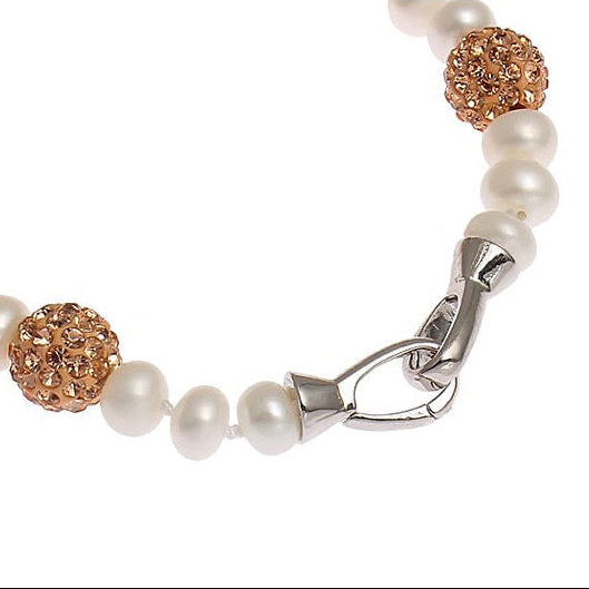 Slotje van wit zoetwater parel armband met gouden stras steentjes | Bling Rosé Golden Pearl