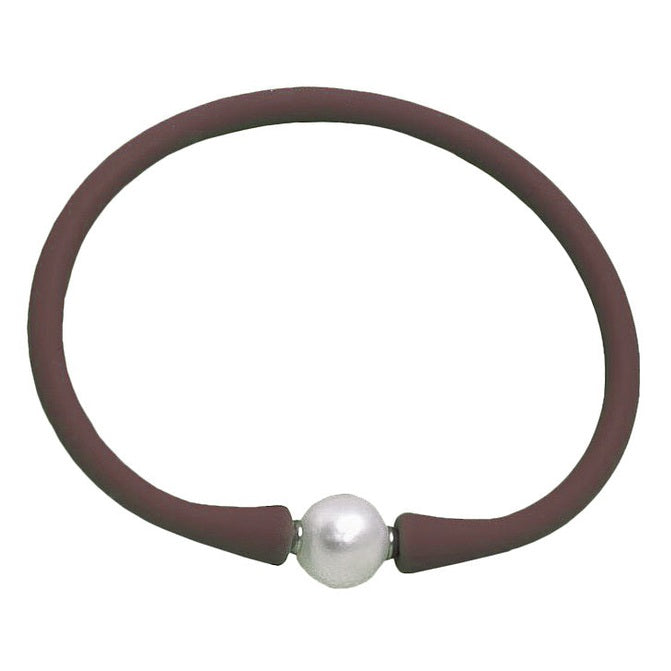 Wit elastisch parel armband met bruine band | Browly