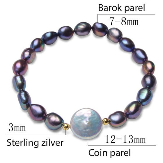 Zoetwater parel armband met blauw-paarse en witte parels, elastisch, maat indicatie | Danisa