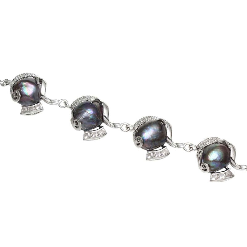 Zoetwater parel armband met zwart grijze parels plat liggend | Evita Black