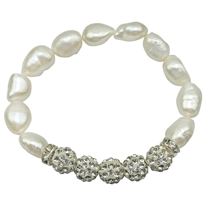Wit zoetwater parel armband met stras steentjes, elastisch | Five Bling Pearl