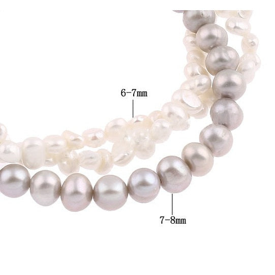 Zoetwater parel armband met 3 rijen in grijs en wit met magneetslotje, maat indicatie | Gianca