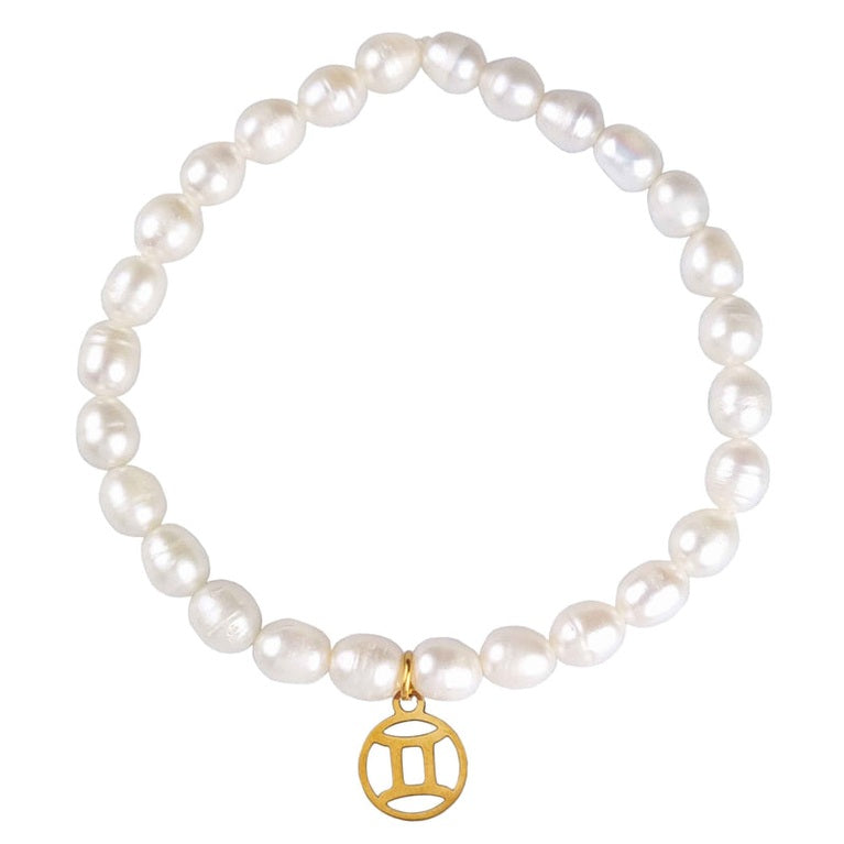 Wit zoetwater parel armband met goud edelstalen bedeltje van sterrenbeeld Tweeling | Gouden Sterrenbeeld Tweeling