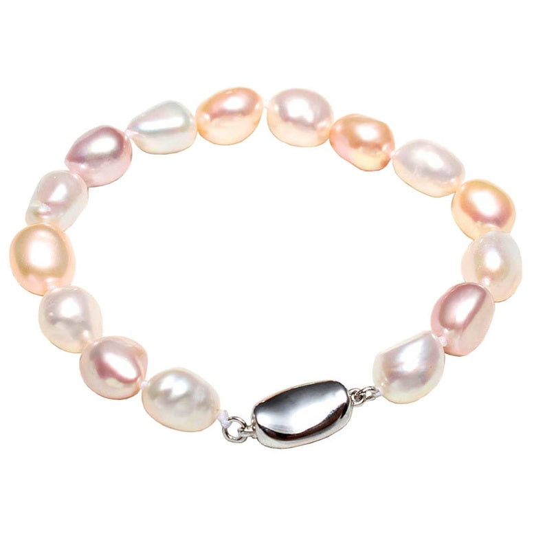 Slotje van handgeknoopte zoetwater parel armband met witte, zalm en roze parels | set Sina