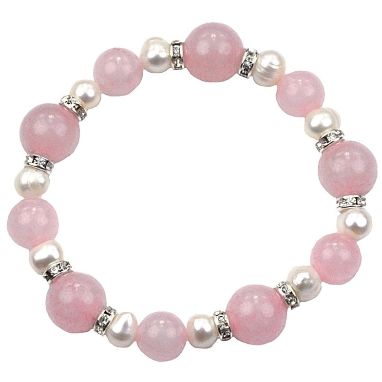 Wit zoetwater parel armband met roze edelstenen rozenkwart en stras steentjes , elastisch | Bling Paerl W Rose Quartz