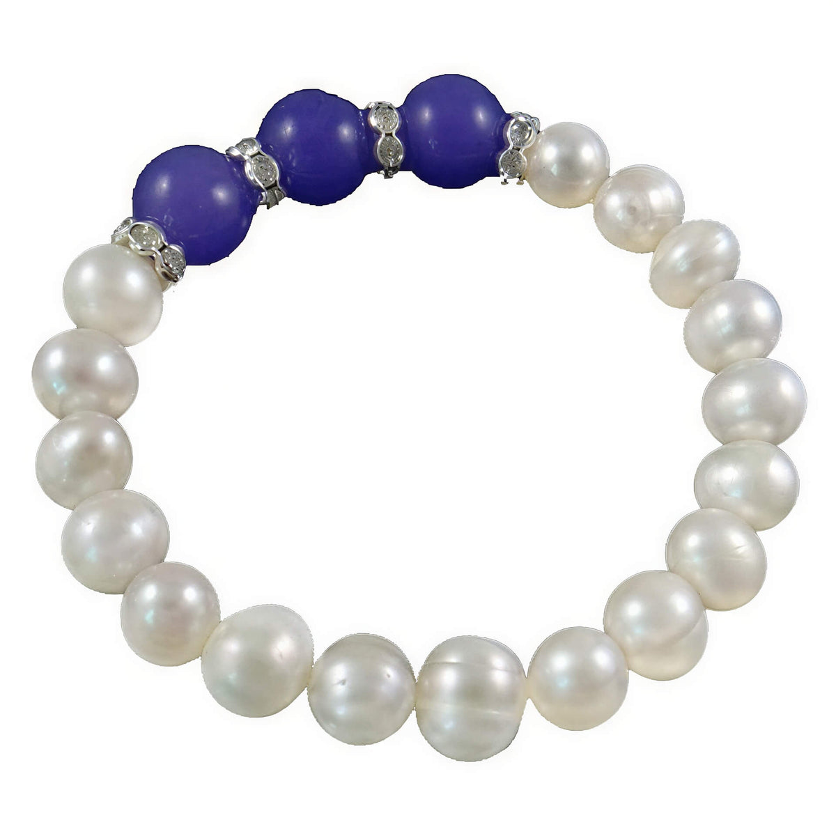 Wit zoetwater parel armband met blauwe jade en stras steentjes, elastisch | Pearl Blue Jade