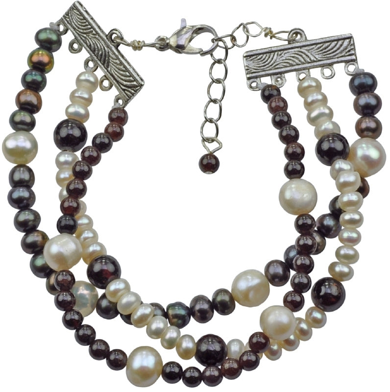 Zoetwater parel armband in 3 rijen met witte en bruin groene parels en rood bruine agaat | Trix