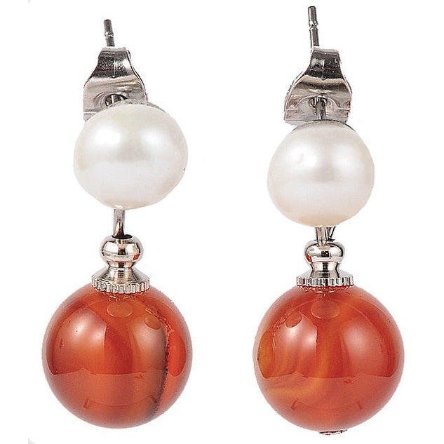 Zoetwater parel oorbellen met witte parel en rode agaat | Pearl Stud Red Agate