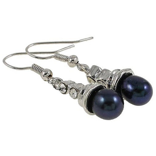 Zwarte zoetwater parel oorbellen met stras steentjes en sterling zilver (925) liggend | Dong