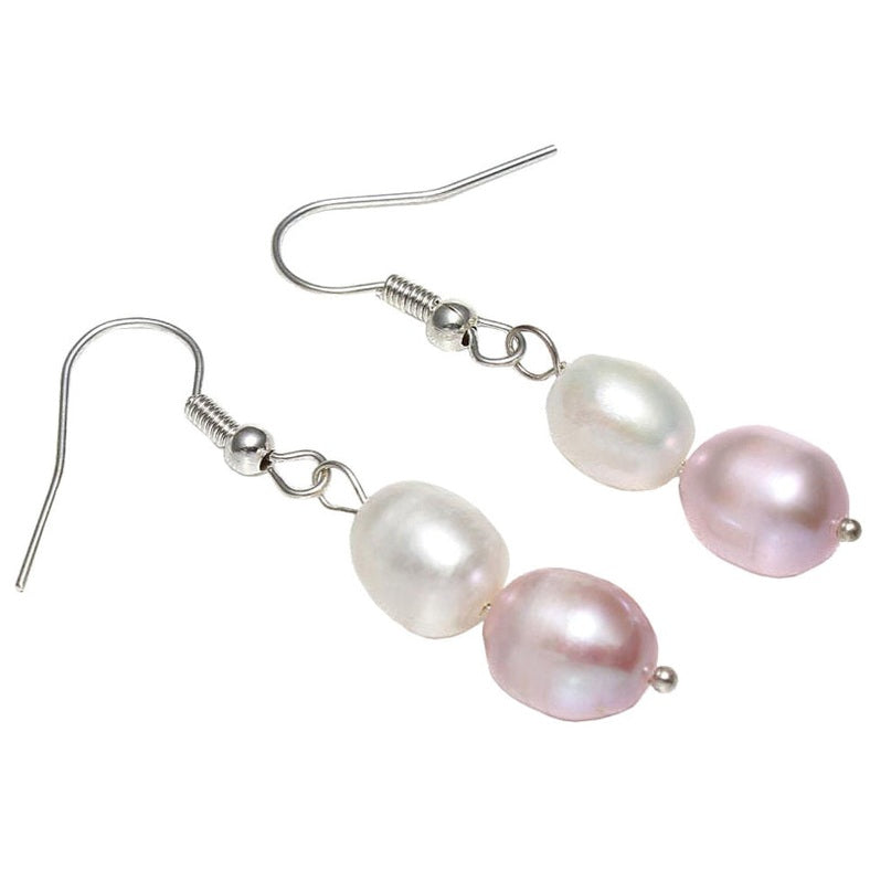 Zoetwater parel oorbellen met witte en zalm roze parels en sterling zilver (925), voor en achterzijde | Elynn