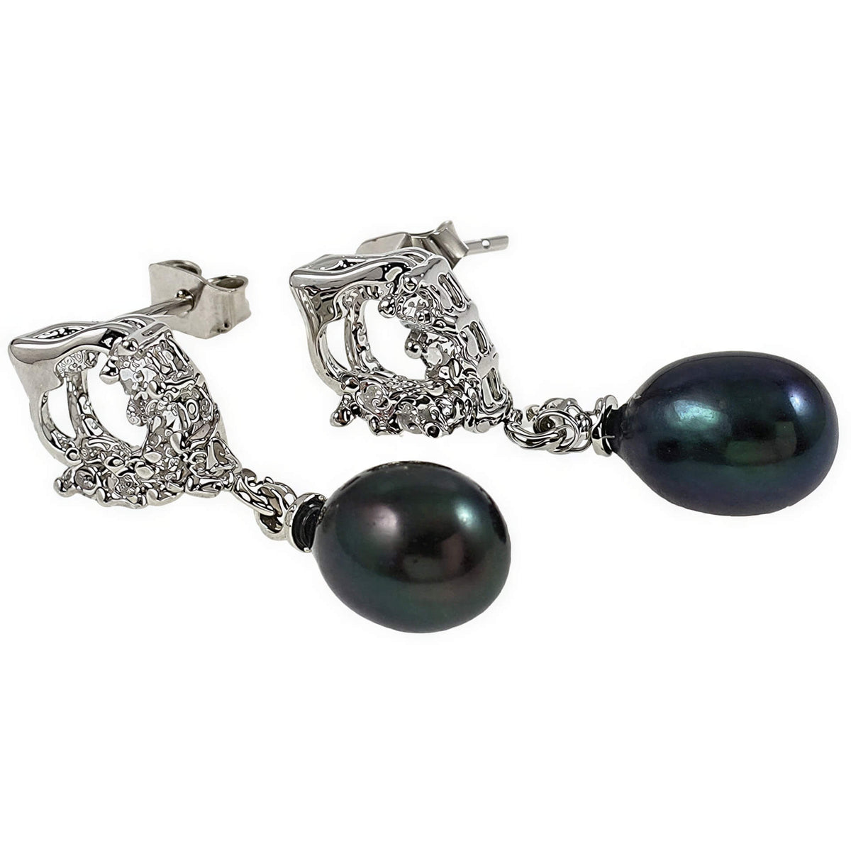 Zwarte zoetwater parel oorbellen met stras steentjes, liggend | Bling Pearl Heart B