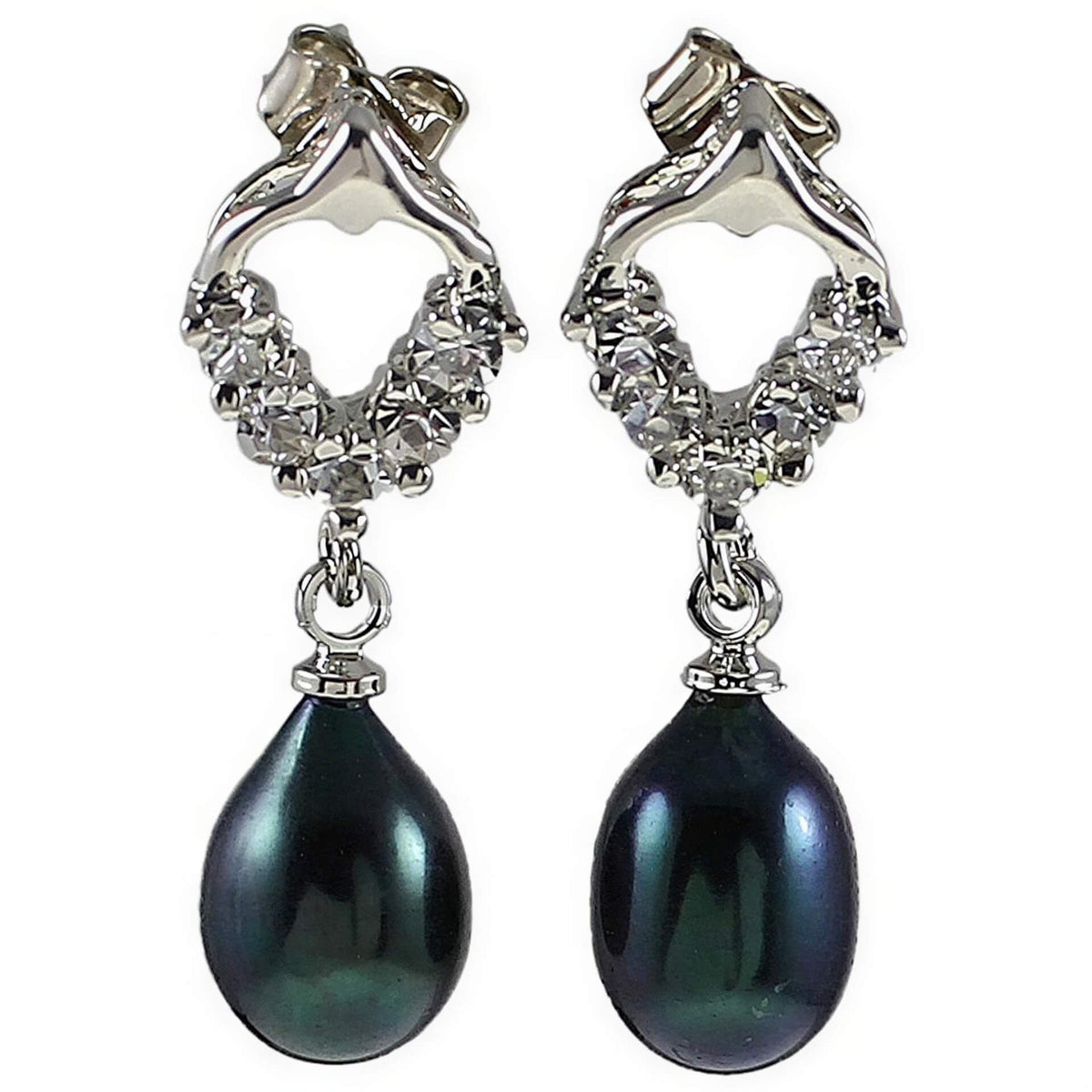 Zwarte zoetwater parel oorbellen met stras steentjes | Bling Pearl Heart B