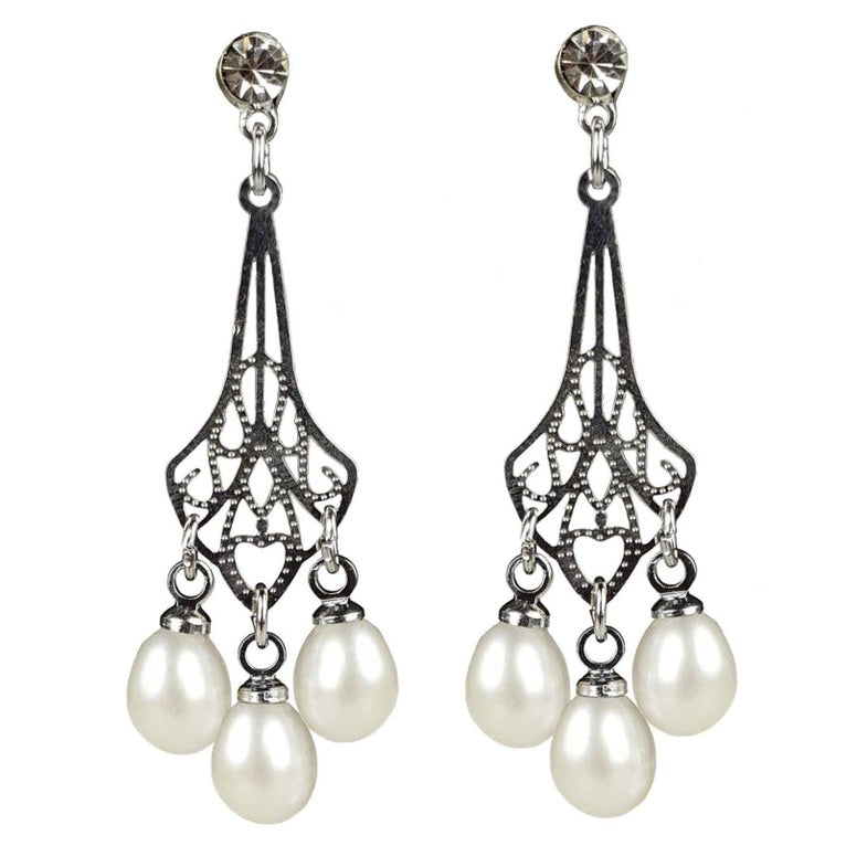 Witte zoetwater parel oorbellen met stras steentje, vooraanzicht | Bling Pearl Jugendstil