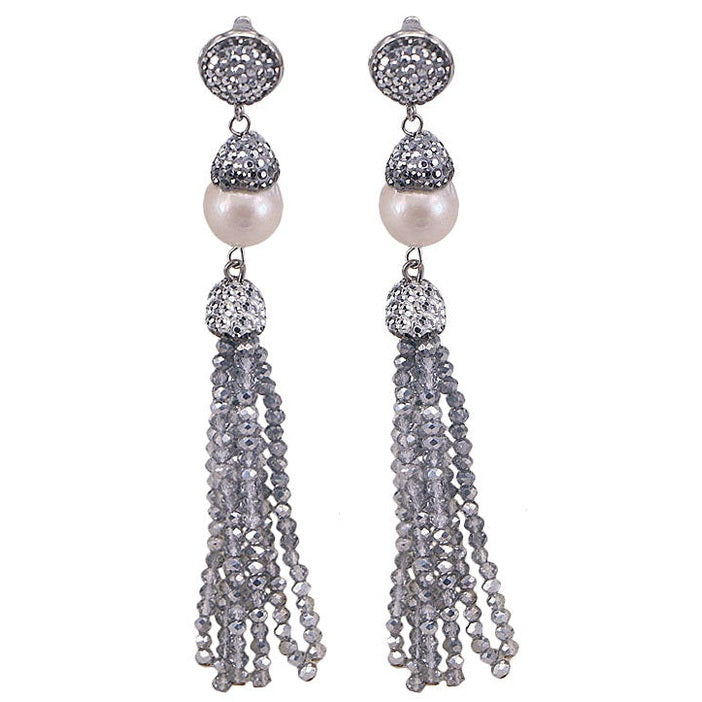 Lange zoetwater parel oorbellen met zilver kristallen kwastje en witte parel | Bright Big Pearl Silver Crystal Tassel