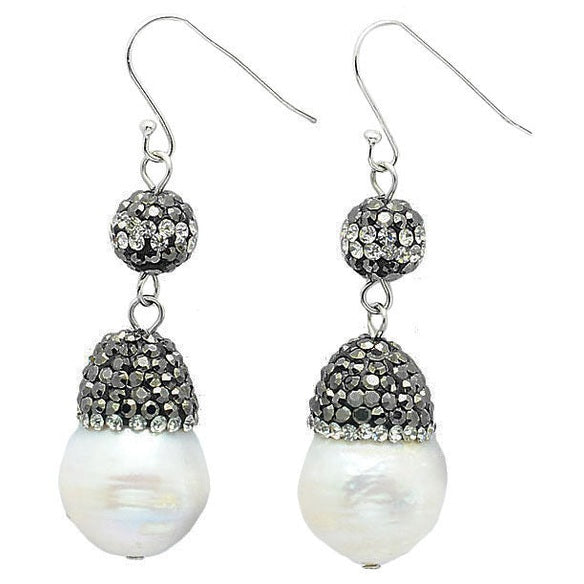Witte parel oorbellen met stras steentjes en sterling zilver (925 | Bright Paerl Dangling Nut