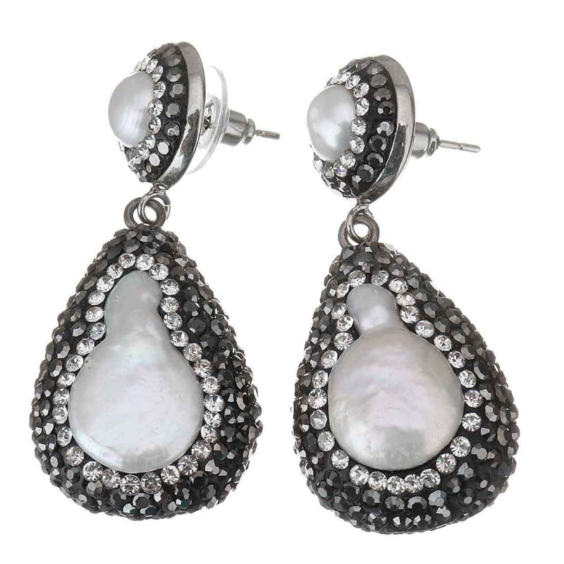 Witte zoetwater parel oorbellen met zwarte stras steentjes zijaanzicht | Bright Pearl Drop