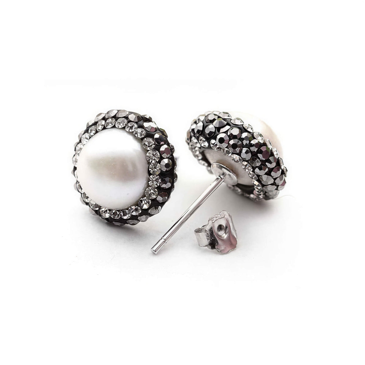 Zoetwater parel oorknopjes met witte parels, stras steentjes en sterling zilver (925), voor en achteraanzicht | Bright Pearl Small