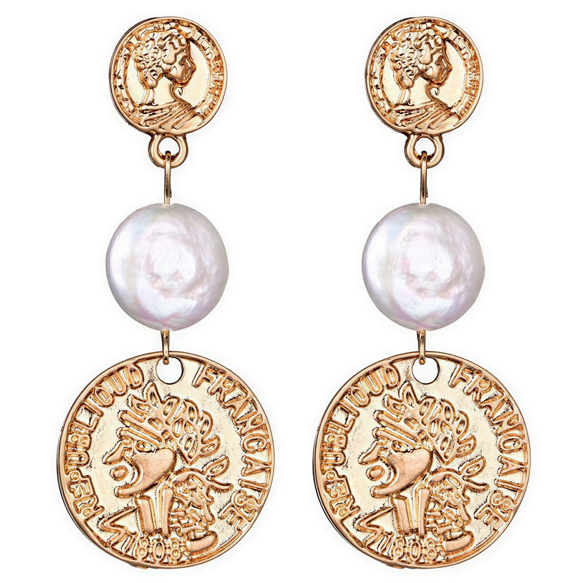 Lange witte zoetwater parel oorbellen met gouden munten | Double Gold Coin Pearl