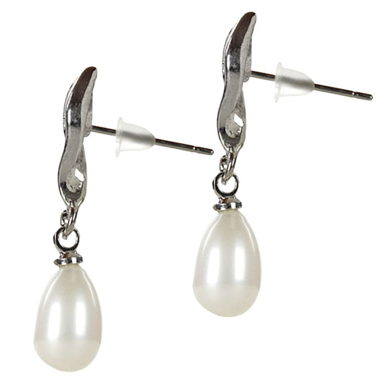 Witte zoetwater parel oorbellen met stras steentje, zijaanzicht | Lena