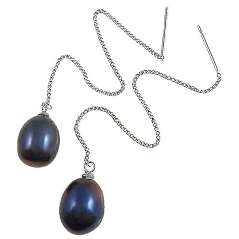 Lange zoetwater parel oorbellen met blauw zwarte parels en sterling zilver (925) | Pearl Chain Black