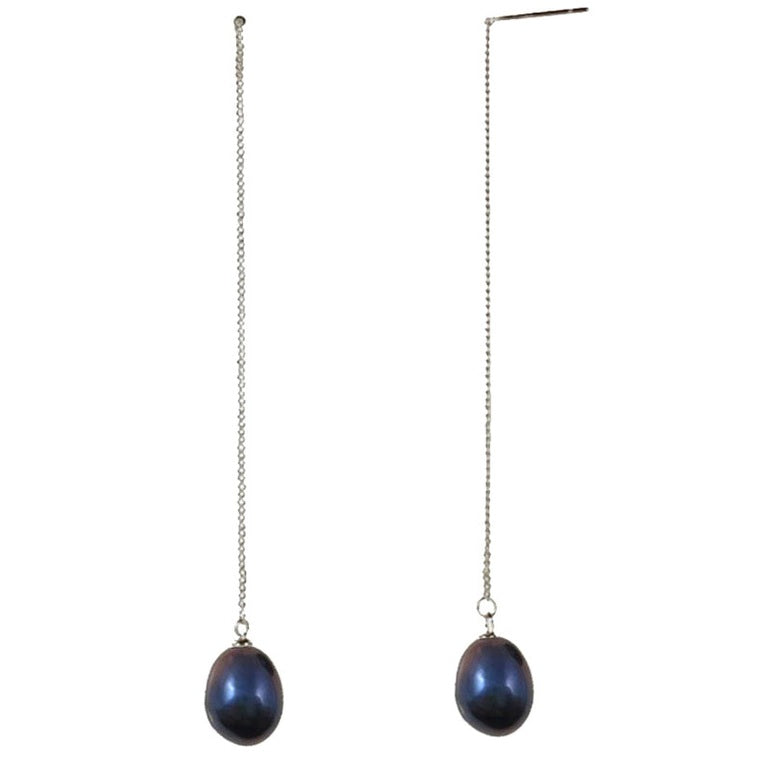 Lange zoetwater parel oorbellen met blauw zwarte parels en sterling zilver (925) hangend | Pearl Chain Black