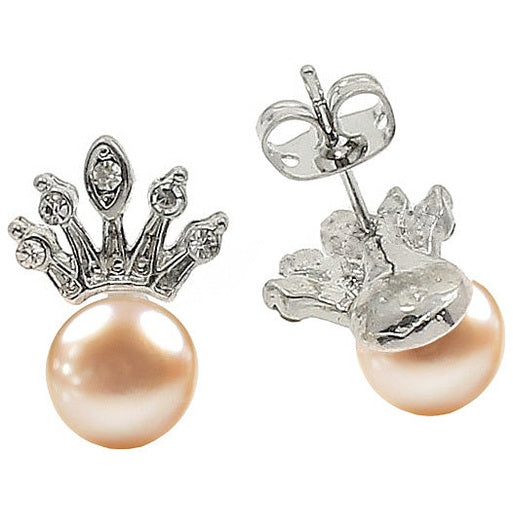 Zoetwater parel oorknopjes met zilveren kroontje met stras steentjes, voor en achterkant | Queen Peach