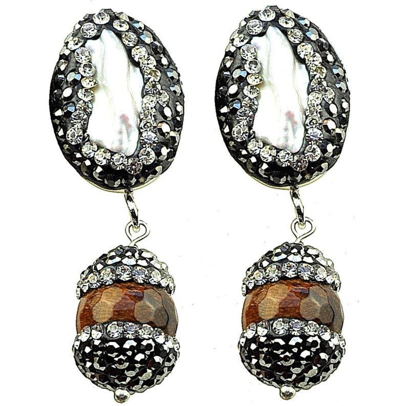 Witte zoetwater parel oorbellen met stras steentjes en tijgeroog | Bright Pearl Long Tiger Eye