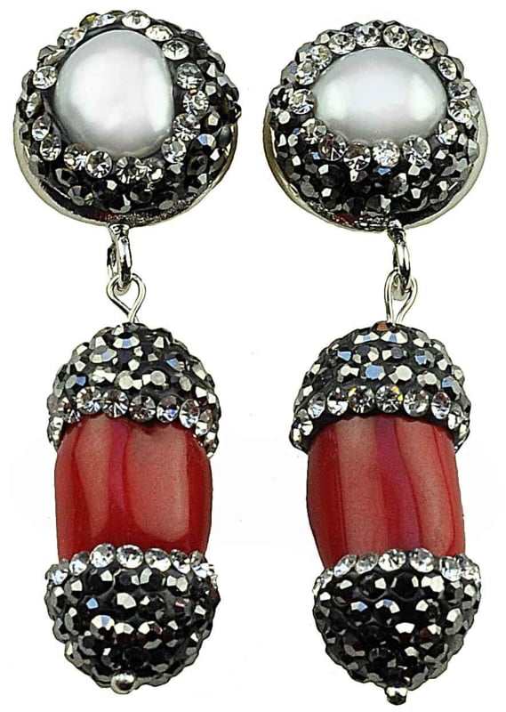 Zoetwater parel oorbellen met witte parels, rood koraal en stras steentjes, voorkant | Bright Pearl Coral