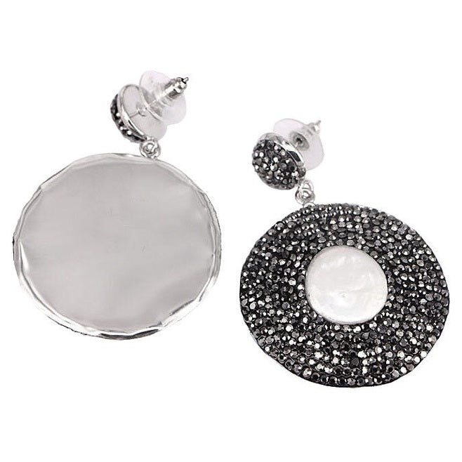 Grote witte zoetwater parel oorbellen met stras steentjes, achterzijde | Bright Pearl Disc