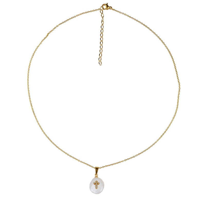 Witte zoetwater parelketting met goud edelstaal en parel hanger met een kruis van stras steentjes | set Coin Pearl Golden Cross