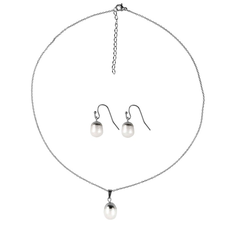Witte zoetwater parel set bestaande uit een parelketting en parel oorbellen met zilver edelstaal en parel hanger | set Silver Dip White Pearl