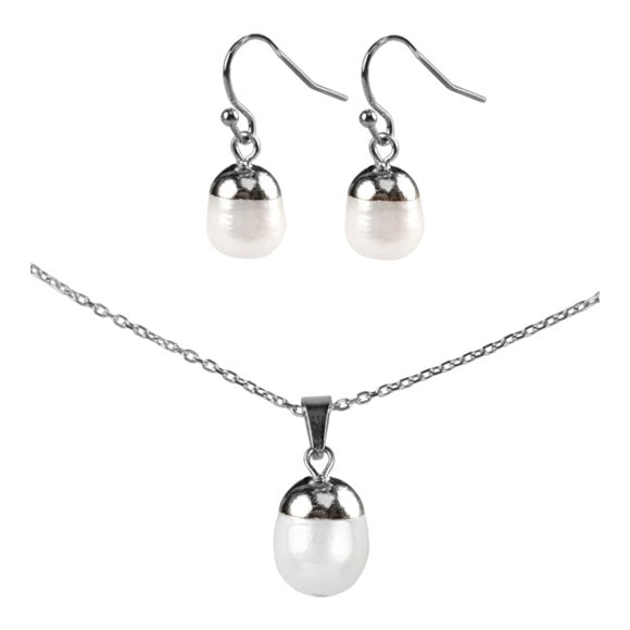 Witte zoetwater parel set bestaande uit een parelketting en parel oorbellen met zilver edelstaal en witte parel hanger | set Silver Dip White Pearl