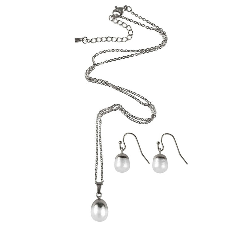 Witte zoetwater parel set bestaande uit een parelketting en parel oorbellen met zilver edelstaal en parel hanger | set Silver Dip White Pearl