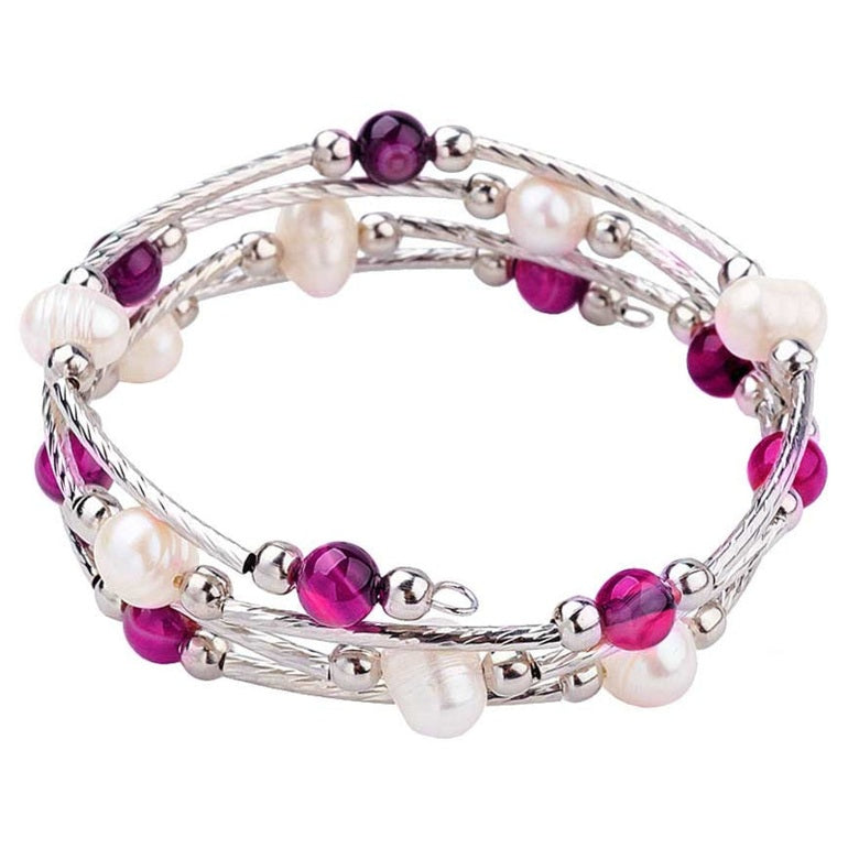Witte zoetwater parel wikkelarmband met roze edelstenen | Wrap Pearl Pink Striped Agate