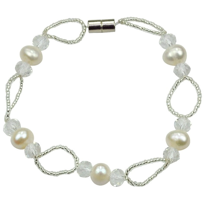 Zoetwater parel armband met witte parels en glaskristallen en magneetslot | set Wicio