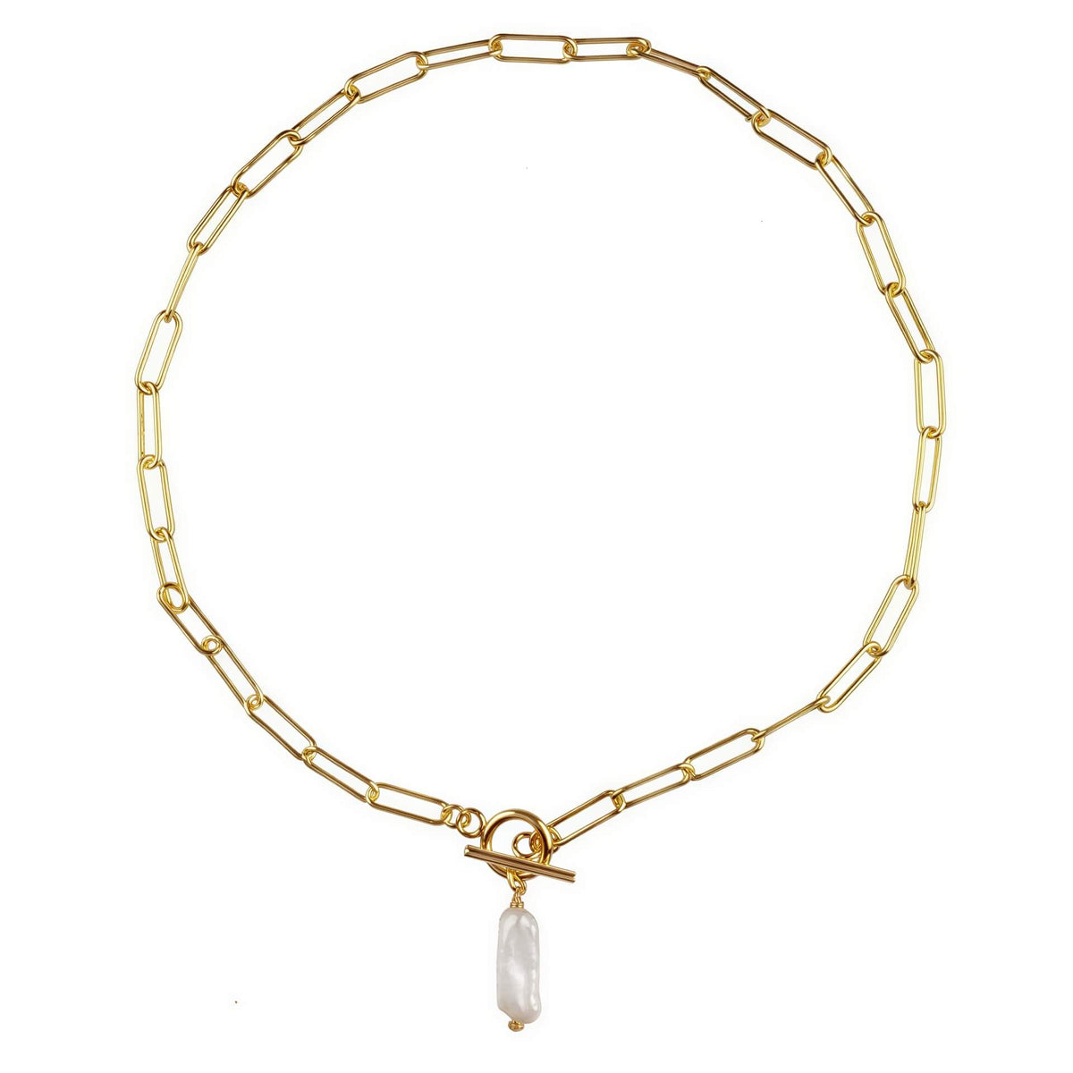 Zoetwater parelketting met witte parel hanger aan goud edelstalen paperclip ketting | Biwa Pearl Gold Paperclip