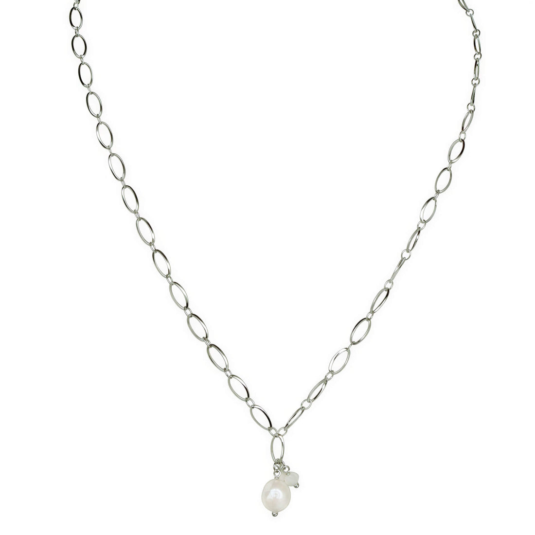 Zoetwater parelketting met witte parel hanger en zilver edelstaal | Flow Oval Silver Pearl
