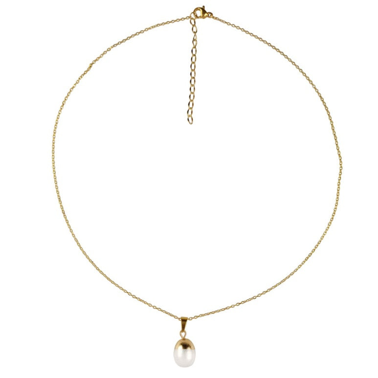 Zoetwater parelketting met witte parel hanger en goud edelstaal | Gold Dip White Pearl