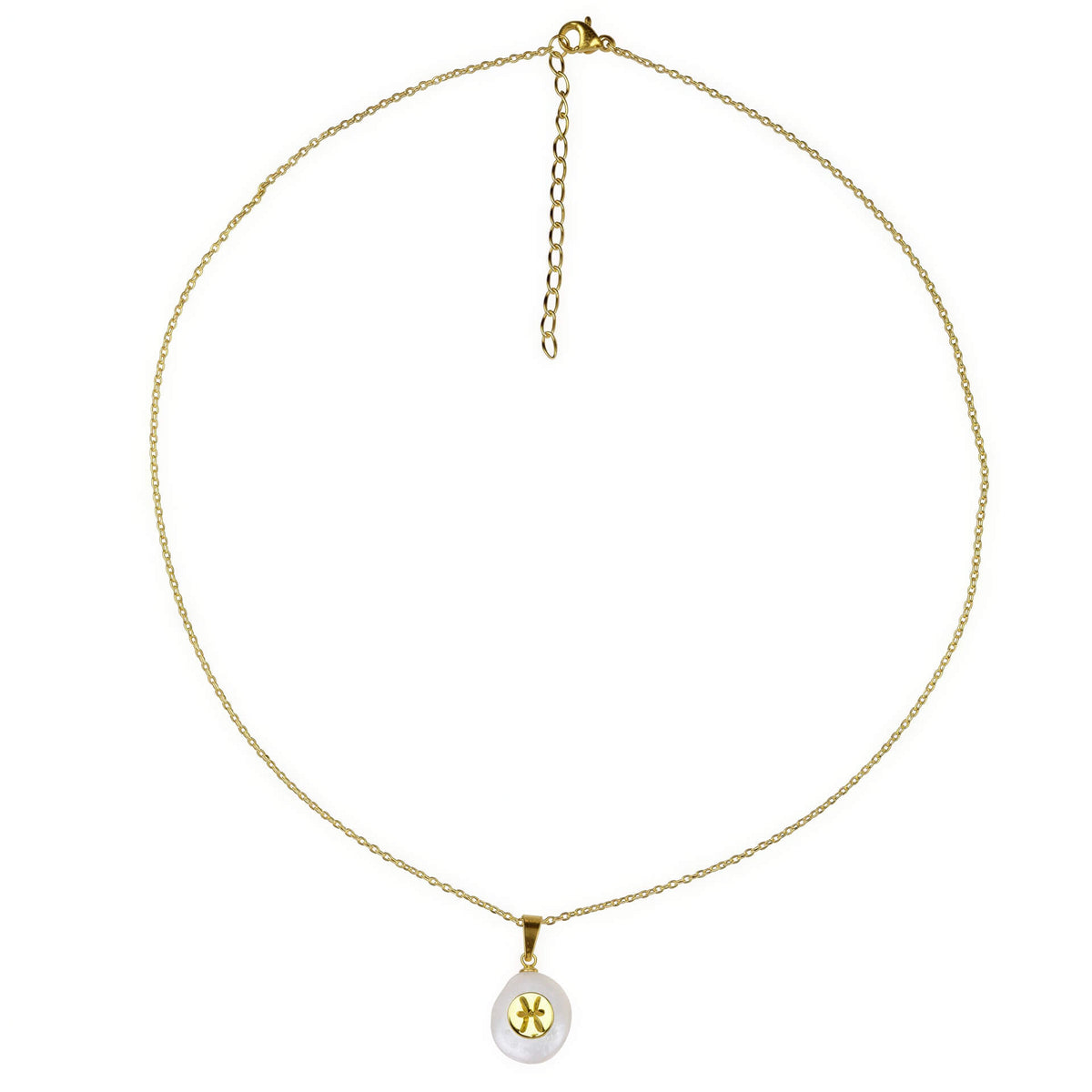 Witte zoetwater parelketting met symbool sterrenbeeld Vissen, ketting met parel met sterrenbeeld vissen symbool hangend aan goud edelstalen ketting, overzicht