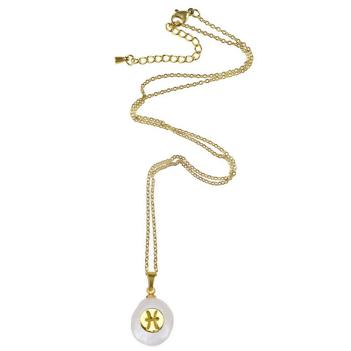 Witte zoetwater parelketting met symbool sterrenbeeld Vissen, ketting met parel met sterrenbeeld vissen symbool hangend aan goud edelstalen ketting