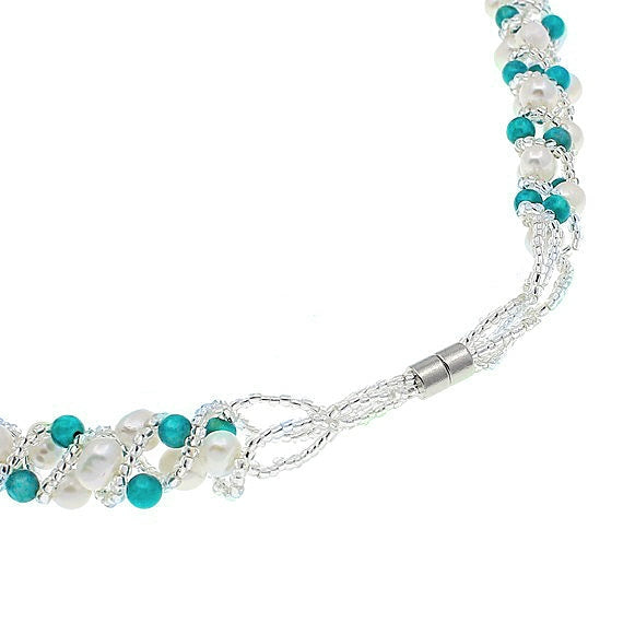 Magneetslot van witte zoetwater parelketting met turkoois | set Tonica