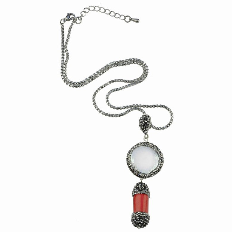 Witte zoetwater parelketting met rood koraal, stras steentjes en zilver edelstaal | Bright Pearl Coral