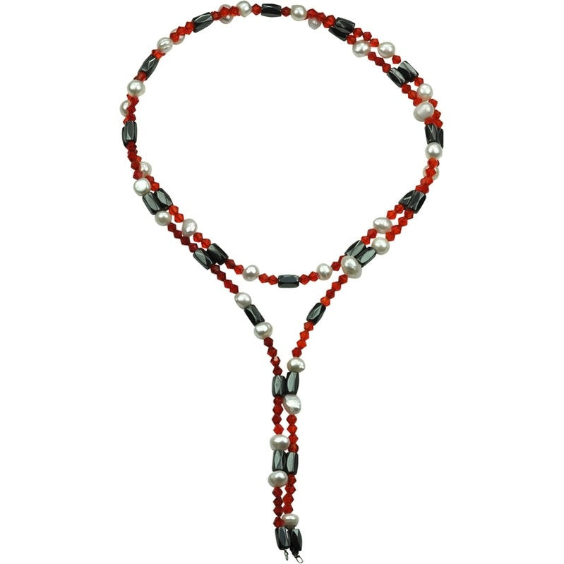 Zoetwater wikkel parelketting met edelsteen magnetiet en kristal ook te dragen als parelketting | Pearl Red Crystal Magnetite Wrap