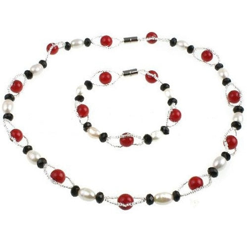 Zoetwaterparel set met parelketting en parel armband met magneetslot, witte parels en rode en zwarte kralen | Santa