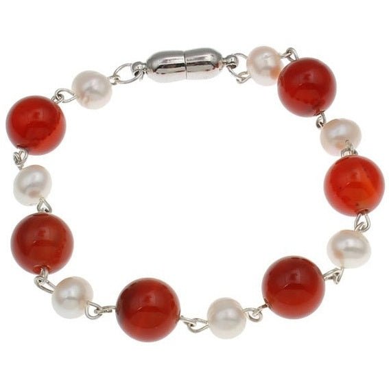 Zoetwater parel armband met witte parels, rode agaat en magneetslotje | Pearl Red Agate Ball