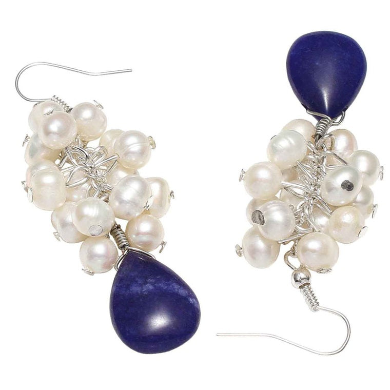 Lange zoetwater parel oorbellen met blauwe edelsteen lapis lazuli, voor en achterkant | Lazoline
