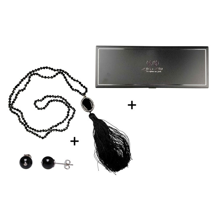 Zwarte edelstenen set met edelstenen ketting en edelstenen oorbellen met zwarte agaat en stras steentjes in sieraden doosje | Bling Black Agate