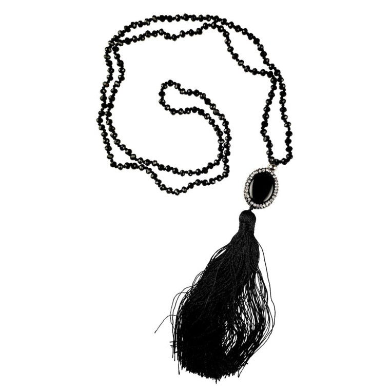 Zwarte edelstenen ketting met zwarte agaat, stras steentjes en een kwastje | Bling Black Agate