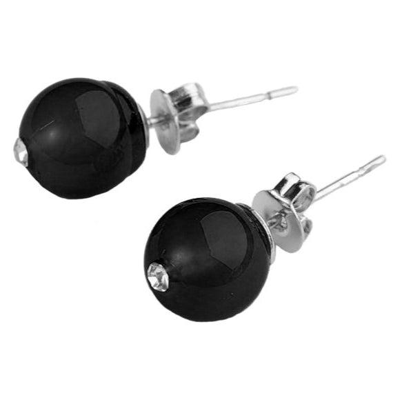 Zwarte edelstenen oorbellen met agaat en stras steentje, zijaanzicht | Bling Black Agate
