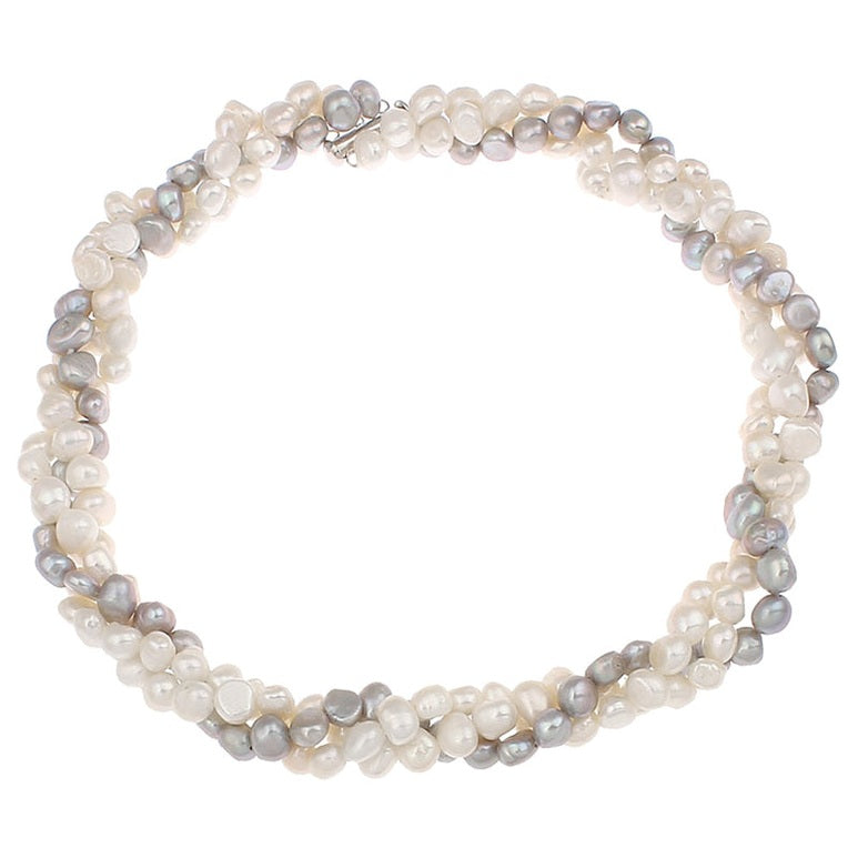 Zoetwater parelketting met witte en grijze parels in 3 rijen | Three Double Pearl White Grey